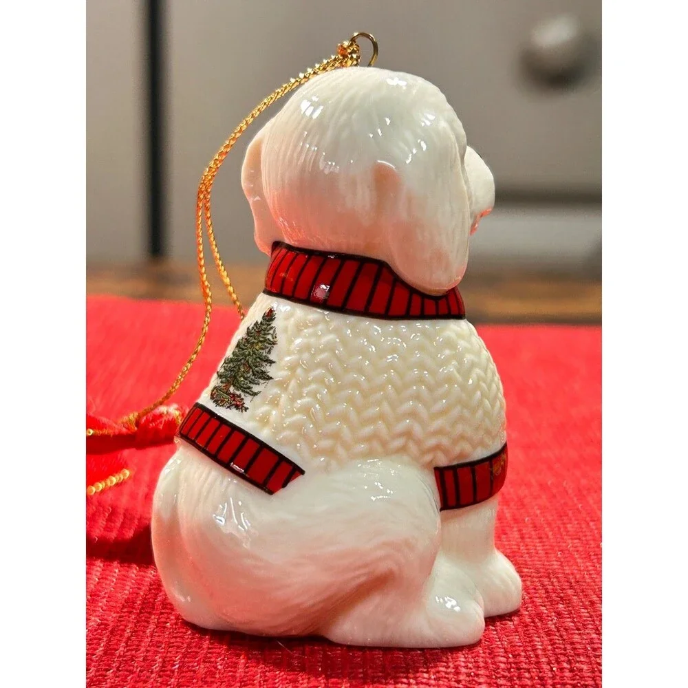Spode Christmas Tree Puppy with Stocking Ornament 2.5